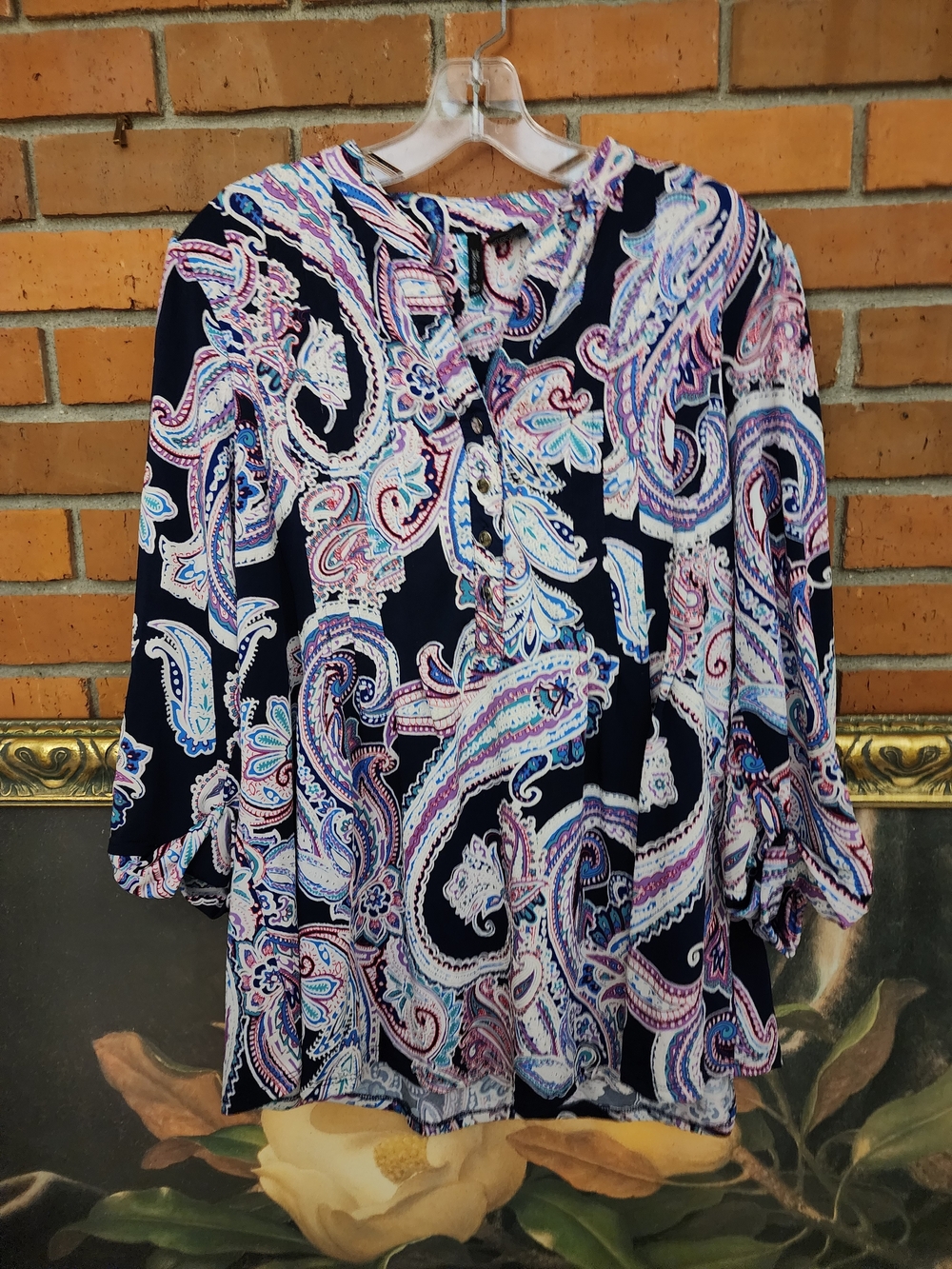 new directions Navy Paisley Button-Front Blouse with Pink & Purple Accents